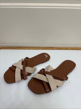 J. Crew Tan and Cream‎ Crisscross Slide Sandals